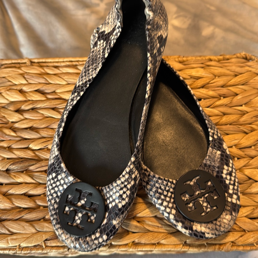 Tory Burch Black & Taupe Snake-Print Reva Ballet Flats